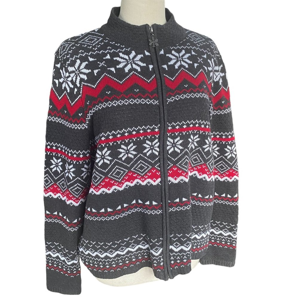 Breckenridge Fair Isle Sweater Ski Full Zip Chalet Nordic Granny Snowflake-XL